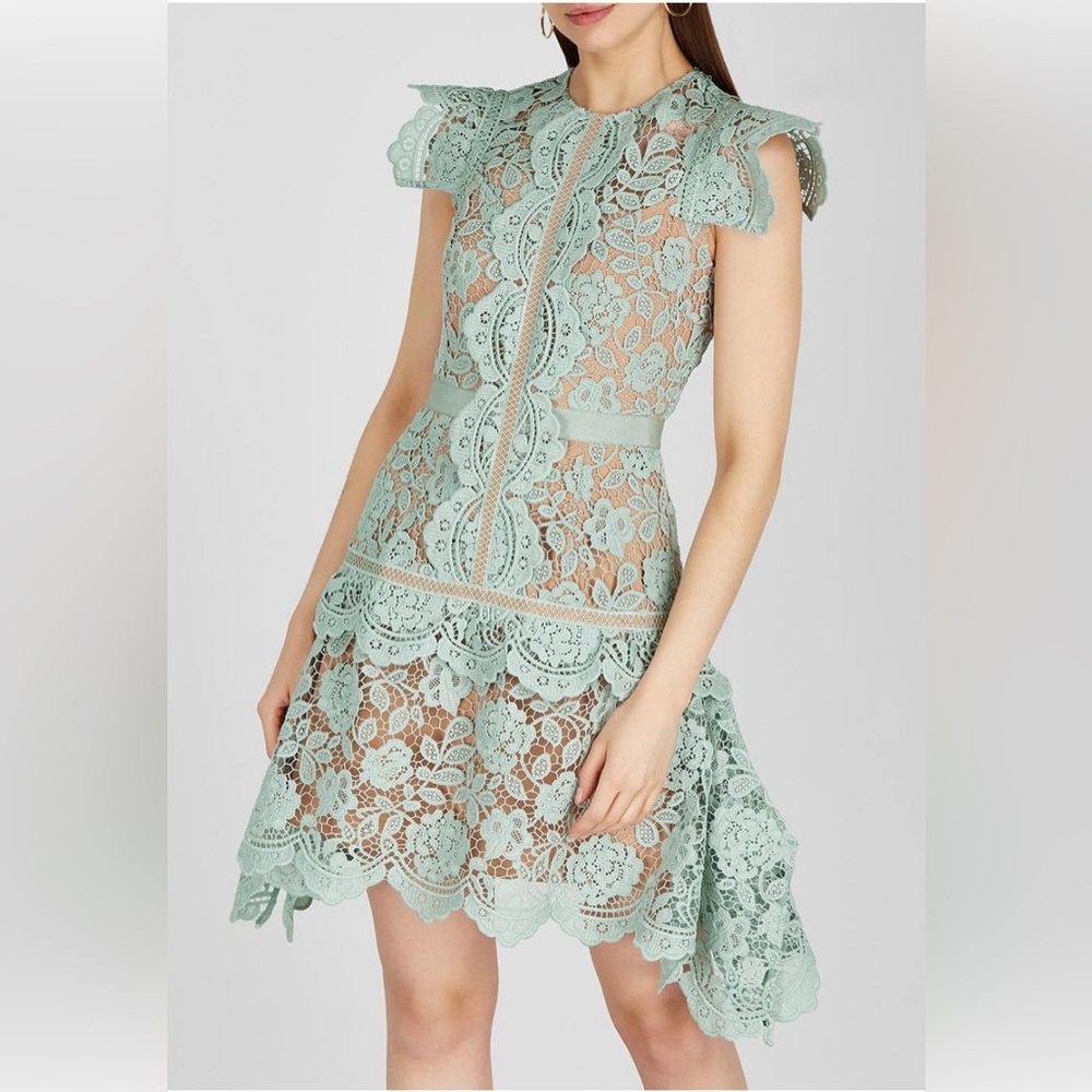 Self-Portrait Floral Guipure Lace Mini Dress in Mint Green WORN ONCE